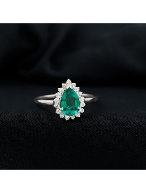 Rosec Jewels Created Emerald Teardrop Halo Ring for Women (7X10 MM Pear, Statement Engagement Jewelry for Her, AAAA Quality)