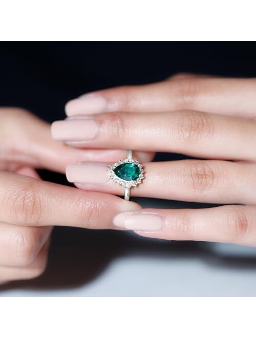 Rosec Jewels Created Emerald Teardrop Halo Ring for Women (7X10 MM Pear, Statement Engagement Jewelry for Her, AAAA Quality)