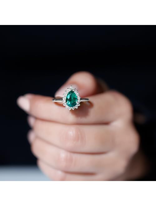 Rosec Jewels Created Emerald Teardrop Halo Ring for Women (7X10 MM Pear, Statement Engagement Jewelry for Her, AAAA Quality)