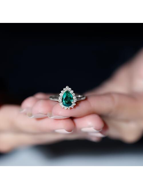 Rosec Jewels Created Emerald Teardrop Halo Ring for Women (7X10 MM Pear, Statement Engagement Jewelry for Her, AAAA Quality)