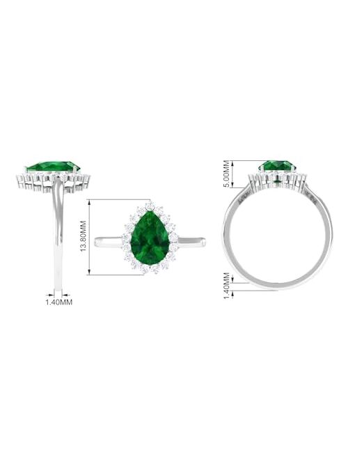 Rosec Jewels Created Emerald Teardrop Halo Ring for Women (7X10 MM Pear, Statement Engagement Jewelry for Her, AAAA Quality)