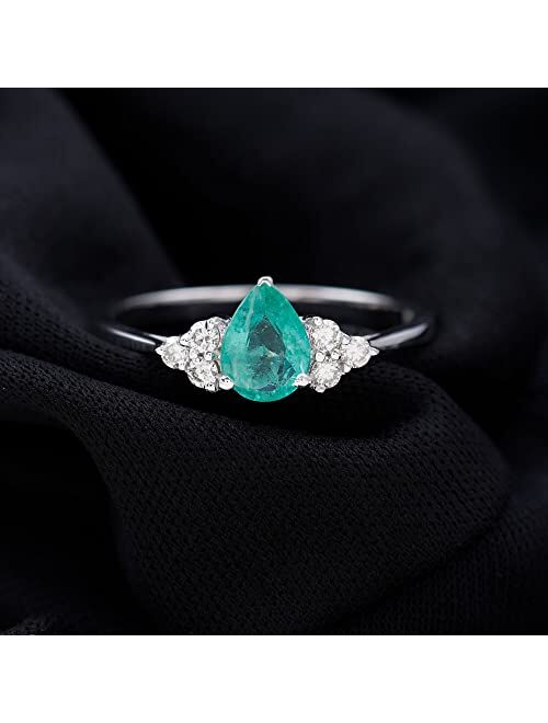 Rosec Jewels Natural Emerald Teardrop Solitaire Ring with HI-SI Diamond Trio, 1 Cttw, 5X7 MM, AAA Quality