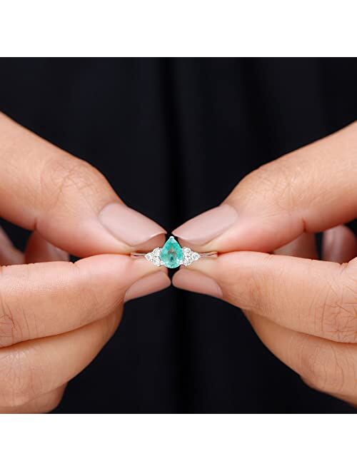 Rosec Jewels Natural Emerald Teardrop Solitaire Ring with HI-SI Diamond Trio, 1 Cttw, 5X7 MM, AAA Quality