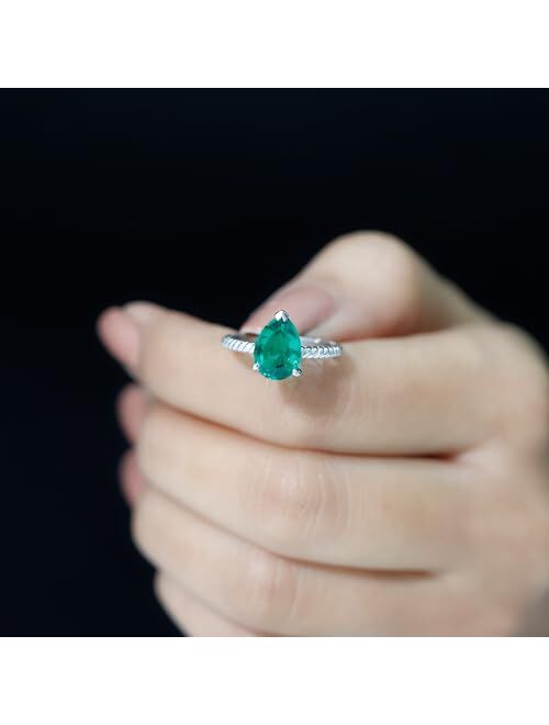Rosec Jewels Created Emerald Teardrop Solitaire Ring | Twisted Rope Birthday Jewelry Gift for Girlfriend | AAAA Quality