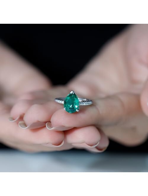 Rosec Jewels Created Emerald Teardrop Solitaire Ring | Twisted Rope Birthday Jewelry Gift for Girlfriend | AAAA Quality