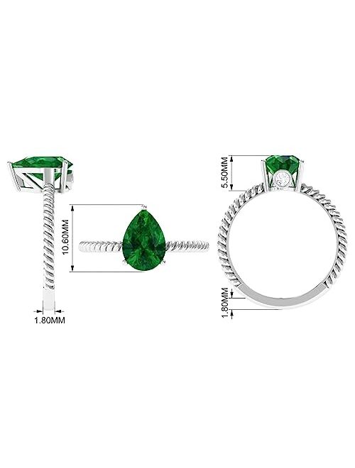 Rosec Jewels Created Emerald Teardrop Solitaire Ring | Twisted Rope Birthday Jewelry Gift for Girlfriend | AAAA Quality