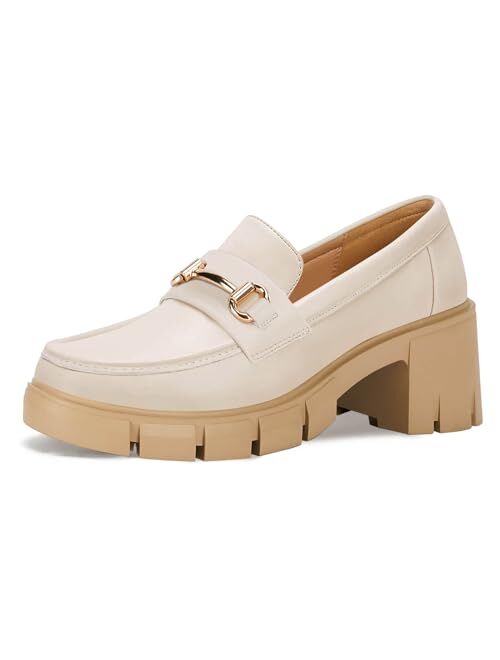 Coutgo Womens Chunky Platform Lug Sole Loafers Mid Heel Square Toe Dress Walking Work Shoes with Buckle Chain