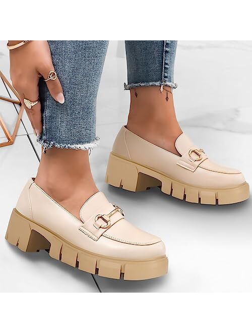 Coutgo Womens Chunky Platform Lug Sole Loafers Mid Heel Square Toe Dress Walking Work Shoes with Buckle Chain