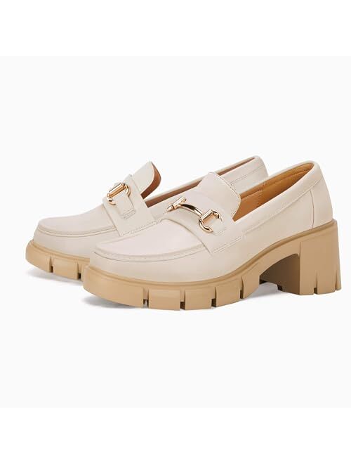 Coutgo Womens Chunky Platform Lug Sole Loafers Mid Heel Square Toe Dress Walking Work Shoes with Buckle Chain