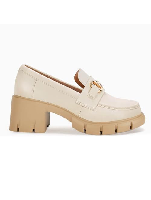 Coutgo Womens Chunky Platform Lug Sole Loafers Mid Heel Square Toe Dress Walking Work Shoes with Buckle Chain