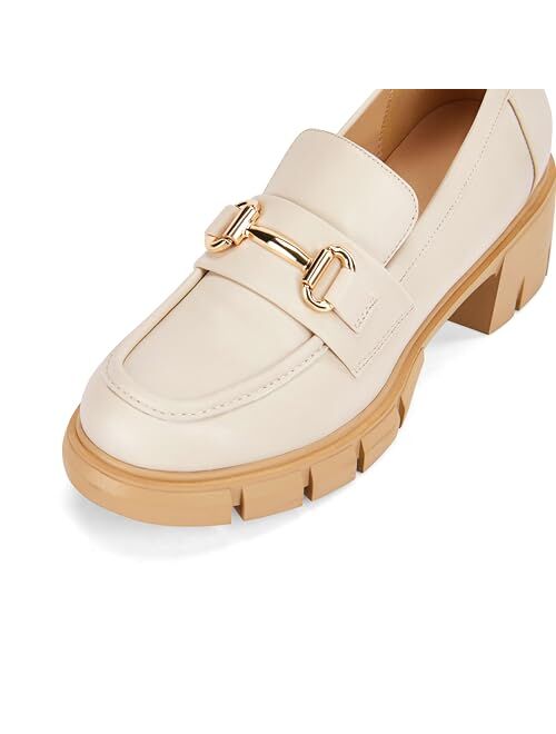 Coutgo Womens Chunky Platform Lug Sole Loafers Mid Heel Square Toe Dress Walking Work Shoes with Buckle Chain