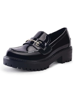VETASTE Womens Lug Sole Platform Mid Chunky Heel Loafers Classic Round Toe Slip On Office Uniform Oxfords Shoes with Metal Chain