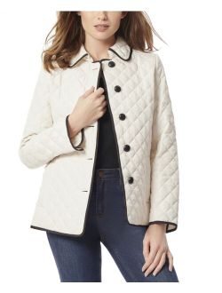 Petite Diamond Quilted Piped Button-Down Jacket