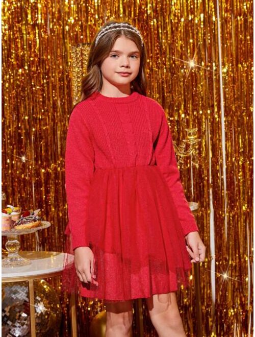 SHEIN Tween Girl Mesh Hem Sweater Dress
