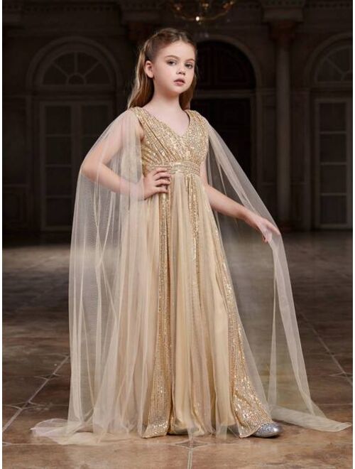 Tween Girl V-Neck Long Sleeve Sequin Formal Dress