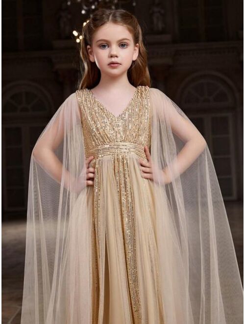 Tween Girl V-Neck Long Sleeve Sequin Formal Dress
