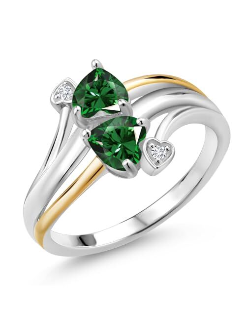 Gem Stone King 925 Silver and 10K Yellow Gold Green Nano Emerald and White Lab Grown Diamond 2 Heart Promise Couple Engagement Mother Ring For Women (1.02 Cttw, Available
