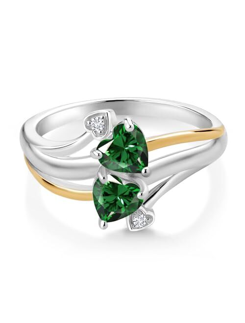Gem Stone King 925 Silver and 10K Yellow Gold Green Nano Emerald and White Lab Grown Diamond 2 Heart Promise Couple Engagement Mother Ring For Women (1.02 Cttw, Available