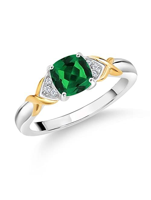 Gem Stone King 925 Sterling Silver and 10K Yellow Gold Cushion Green Nano Emerald and White Lab Grown Diamond Engagement Ring For Women (1.03 Cttw, Available In Size 5, 6