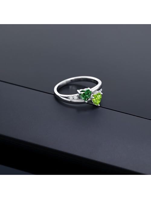 Gem Stone King 925 Sterling Silver Heart Shape Green Nano Emerald and Green Peridot Ring For Women (1.08 Cttw, Gemstone Birthstone, Available In Size 5, 6, 7, 8, 9)