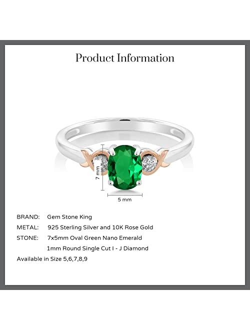 Gem Stone King 925 Sterling Silver and 10K Rose Gold Green Nano Emerald with Diamond Accent Women Ring (0.60 Cttw, Available In Size 5, 6, 7, 8, 9)