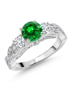 Gem Stone King 925 Sterling Silver Green Created Emerald White Lab Grown Diamond and White Moissanite Engagement Ring For Women (1.47 Cttw, Gemstone May Birthstone, Round