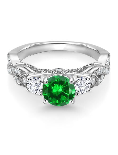 Gem Stone King 925 Sterling Silver Green Created Emerald White Lab Grown Diamond and White Moissanite Engagement Ring For Women (1.47 Cttw, Gemstone May Birthstone, Round