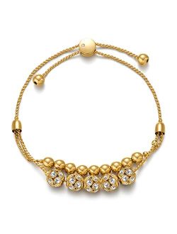 WOWORAMA Gold Ball Bracelet for Women 14K Gold Plated Adjustable Bead Ball Bolo Slider Bracelet Shiny Rhinestone Beaded Ball Double Layer Strand Bracelets