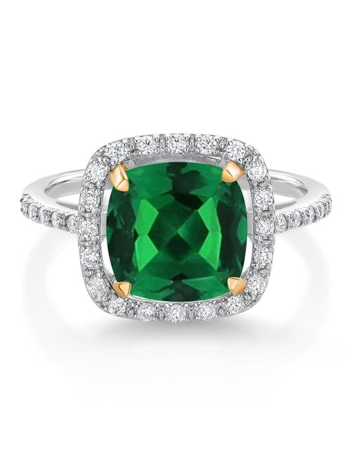 Gem Stone King 925 Sterling Silver and 10K Yellow Gold Green Nano Emerald and White Lab Grown Diamond Engagement Ring For Women (2.71 Cttw, Cushion Cut 8MM, Available In 