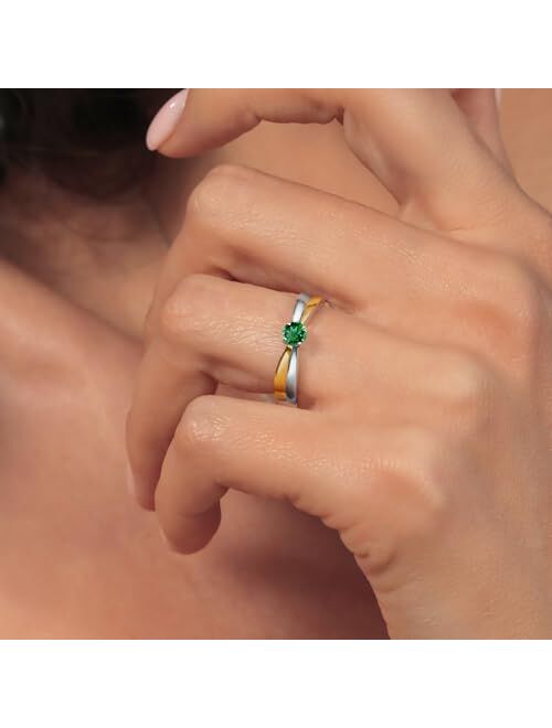 Gem Stone King 925 Silver and 10K Yellow Gold Green Nano Emerald Solitaire Engagement Ring For Women (0.30 Cttw, Round 4MM, Gemstone Birthstone, Available In Size 5, 6, 7