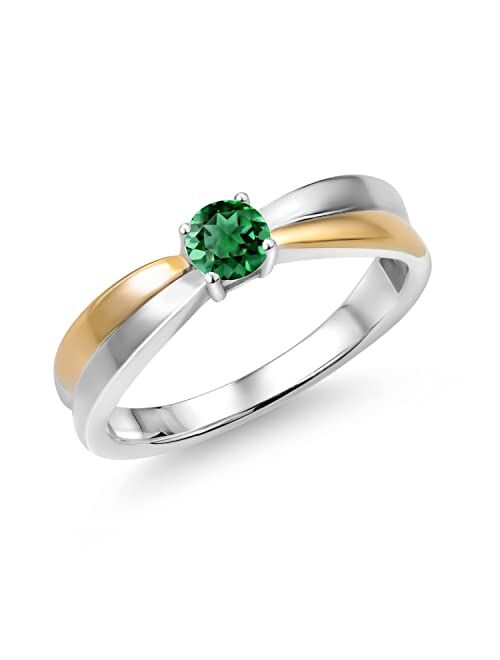 Gem Stone King 925 Silver and 10K Yellow Gold Green Nano Emerald Solitaire Engagement Ring For Women (0.30 Cttw, Round 4MM, Gemstone Birthstone, Available In Size 5, 6, 7