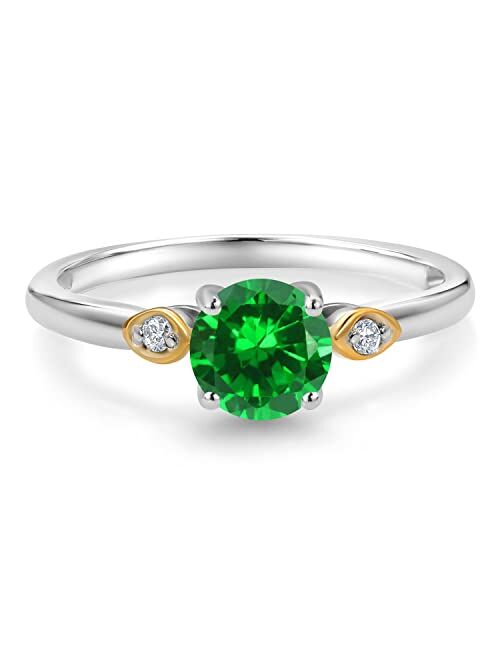 Gem Stone King 925 Silver and 10K Yellow Gold 1.03 Ct Green Created Emerald G-H Lab Grown Diamond 3 Stone Engagement Ring For Women (1.03 Cttw, 6MM Round, Gemstone Births