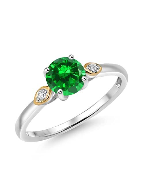 Gem Stone King 925 Silver and 10K Yellow Gold 1.03 Ct Green Created Emerald G-H Lab Grown Diamond 3 Stone Engagement Ring For Women (1.03 Cttw, 6MM Round, Gemstone Births