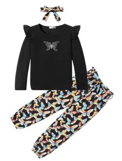Toddler Girl Fall Outfits Ruffle Tops And Floral Pants Set With Headband Kids Girls Joggers Outfit 3T-12Y