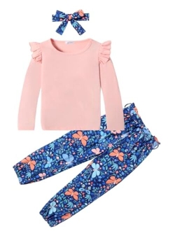 Toddler Girl Fall Outfits Ruffle Tops And Floral Pants Set With Headband Kids Girls Joggers Outfit 3T-12Y