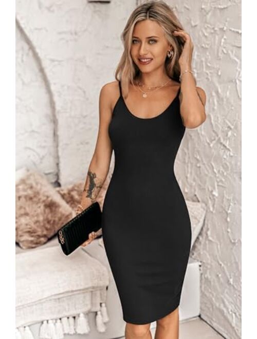 Ekouaer Women's Full Slips Dress Ribbed Knit Under Dress Casual Solid Sleeveless Bodycon Midi Dress