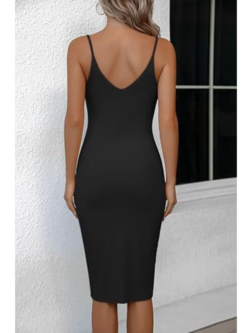 Ekouaer Women's Full Slips Dress Ribbed Knit Under Dress Casual Solid Sleeveless Bodycon Midi Dress