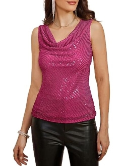 Women's Sleeveless Cowl Neck Sequin Tank Tops Sparkly Club Party Shirts Drape Neck Glitter Cocktail Blouses