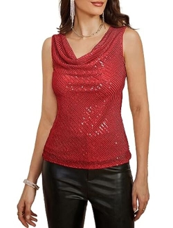Women's Sleeveless Cowl Neck Sequin Tank Tops Sparkly Club Party Shirts Drape Neck Glitter Cocktail Blouses