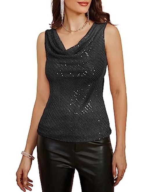 GRACE KARIN Women's Sleeveless Cowl Neck Sequin Tank Tops Sparkly Club Party Shirts Drape Neck Glitter Cocktail Blouses