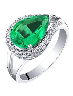 3.02 Carats Created Colombian Emerald and Lab Grown Diamond Ring in 14K White Gold Pear Shape Halo Design