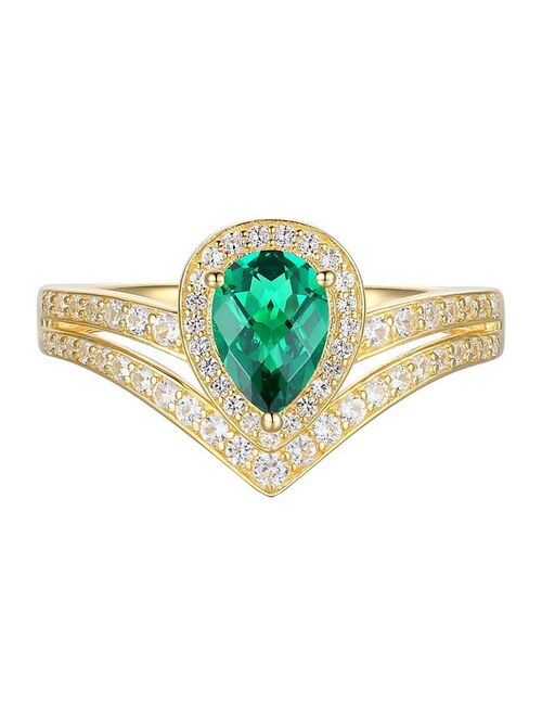 Unbranded 14k Gold Over Silver Lab-Created Emerald Teardrop & Lab-Created White Sapphire Chevron Ring