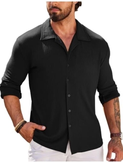 Men Muscle Fit Dress Shirts Knit Button Up Shirts Slim Fit Ribbed Shirts Camp Collar Shirts