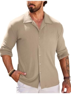 Men Muscle Fit Dress Shirts Knit Button Up Shirts Slim Fit Ribbed Shirts Camp Collar Shirts