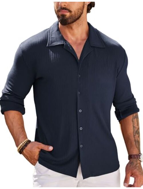 COOFANDY Men Muscle Fit Dress Shirts Knit Button Up Shirts Slim Fit Ribbed Shirts Camp Collar Shirts
