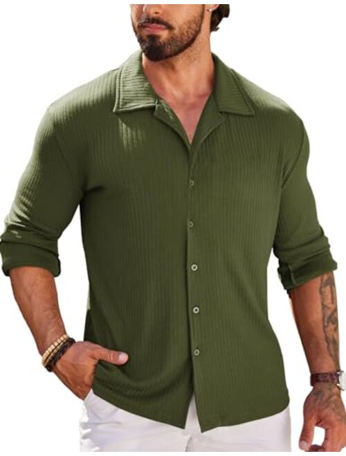 COOFANDY Men Muscle Fit Dress Shirts Knit Button Up Shirts Slim Fit Ribbed Shirts Camp Collar Shirts