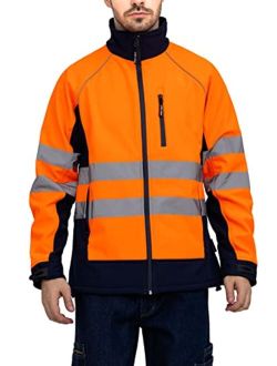 WORK IDEA Men's Safety Jacket High Visibility Reflective Softshell Jacket Hi-Vis Waterproof and Windbreaker with Fleece Lined