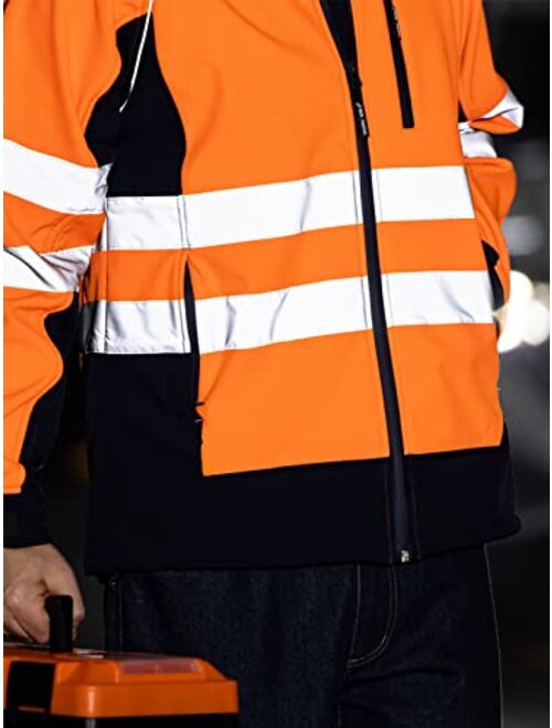 WORK IDEA Men's Safety Jacket High Visibility Reflective Softshell Jacket Hi-Vis Waterproof and Windbreaker with Fleece Lined