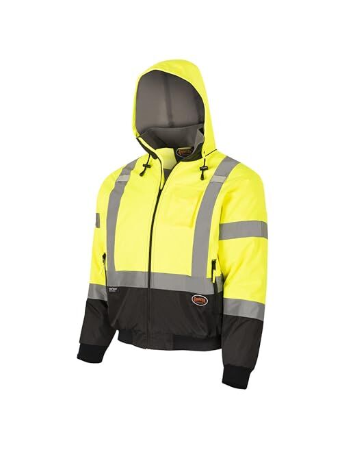 Pioneer High Vis Safety Bomber Jacket For Men Waterproof Reflective Rain Gear Class 3 Detachable Hood Yellow/Black