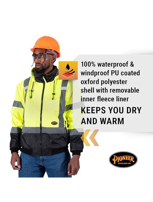 Pioneer High Vis Safety Bomber Jacket For Men Waterproof Reflective Rain Gear Class 3 Detachable Hood Yellow/Black